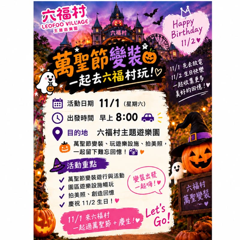 11/1(日)早上8點《六福村萬聖節🎃變裝》#新手友善#萬聖開桌