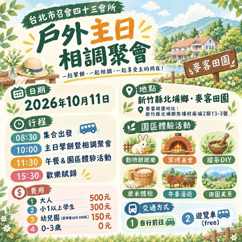 戶外主日聚會&農場體驗田園樂(會安排遊覽車/也可自行前往)