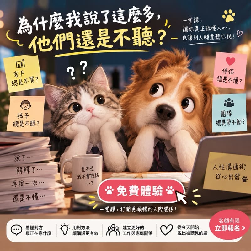 【免費體驗】客戶不買、孩子不聽、伴侶不懂、團隊帶不動?學會讓人願意聽你說的人性溝通術