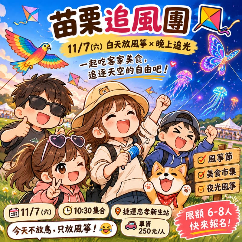 #萬聖開桌🪁【苗栗追風團】11/7 白天放風箏 × 晚上追光 × 客家美食吃到飽(?)